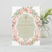 美しいピンクの花カトリックの洗礼 招待状 (スタンド正面)