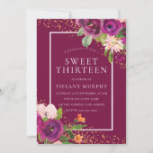 美しいピンクの花ガールズ13th誕生日パーティー 招待状 (正面)