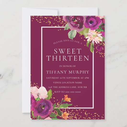美しいピンクの花ガールズ13th誕生日パーティー 招待状 (正面)