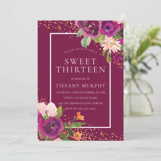 美しいピンクの花ガールズ13th誕生日パーティー 招待状 (スタンド正面)