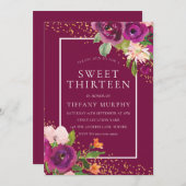 美しいピンクの花ガールズ13th誕生日パーティー 招待状 (正面/裏面)