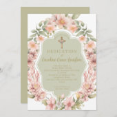 美しいピンクの花キリスト教教会の献身 招待状 (正面/裏面)