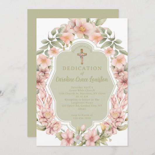 美しいピンクの花キリスト教教会の献身 招待状 (正面/裏面)