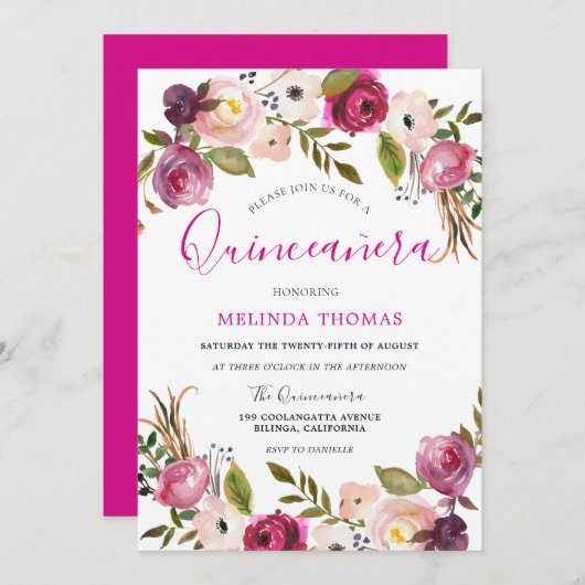 美しいピンクの花キンセアニェラ15誕生日 招待状 (正面/裏面)