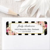 美しいピンクの花クラシック白黒ストライプ ラベル (インサイチュ)