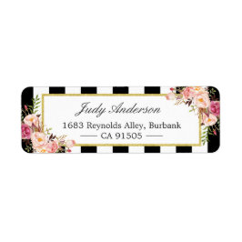 美しいピンクの花クラシック白黒ストライプ ラベル