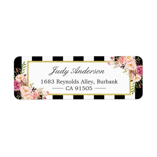 美しいピンクの花クラシック白黒ストライプ ラベル (正面)