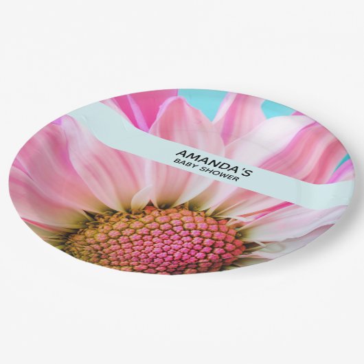 美しいピンクの花クローズアップ写真ベビーシャワー ペーパープレート (アングル)