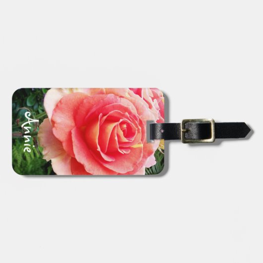 美しいピンクの花バラ写真名前をカスタムする ラゲッジタグ (正面横)