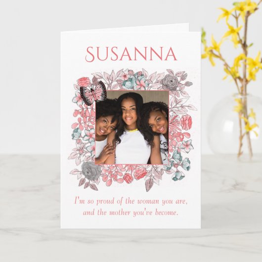 美しいピンクの花娘ハッピーマザーズデイ カード (黄色い花)