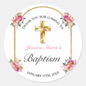 美しいピンクの花模様のゴールドクロス 洗礼 お礼 ラウンドシール (正面)