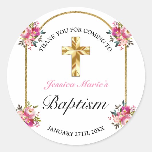 美しいピンクの花模様のゴールドクロス 洗礼 お礼 ラウンドシール (正面)