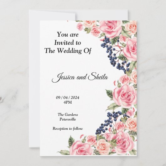 美しいピンクの花結婚式招待状、 招待状 (正面)