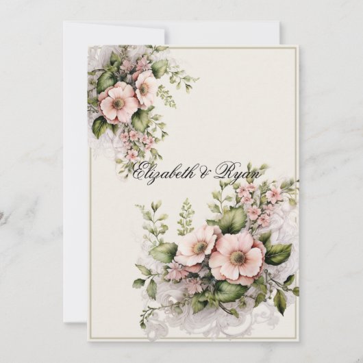 美しいピンクの花緑のつる植物 招待状 (正面)