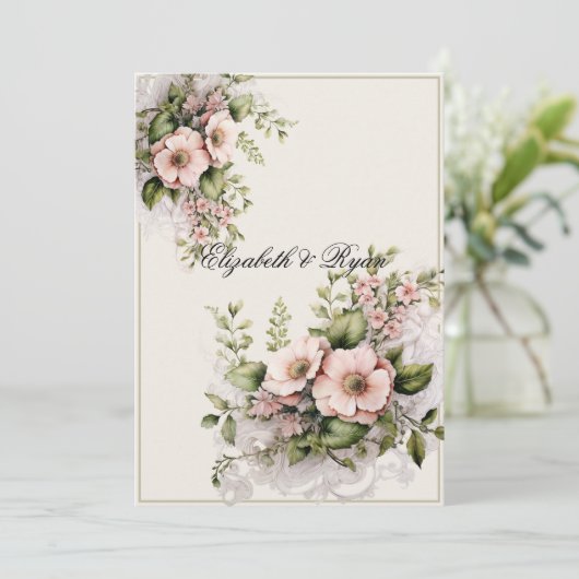 美しいピンクの花緑のつる植物 招待状 (スタンド正面)