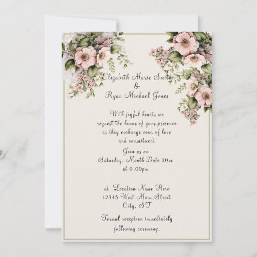 美しいピンクの花緑のつる植物 招待状 (裏面)