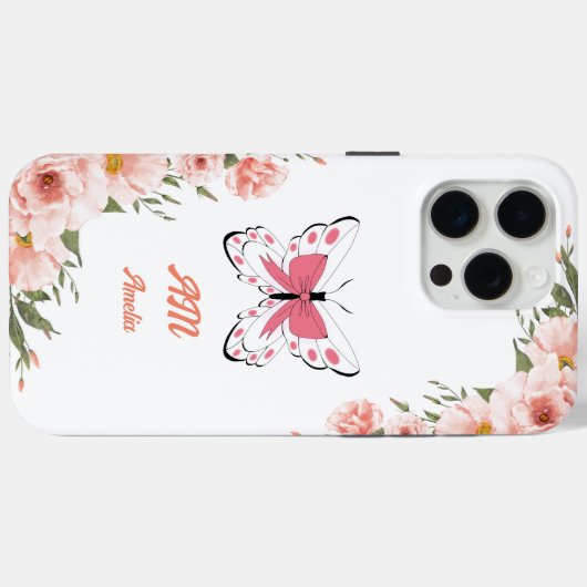 美しいピンクの花蝶の名ガーリー前 Case-Mate iPhoneケース (裏面 (横))