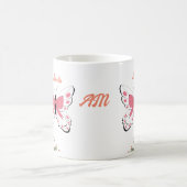 美しいピンクの花蝶の名前モノグラム コーヒーマグカップ (中央)