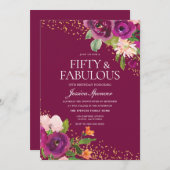 美しいピンクの花50th誕生日パーティー 招待状 (正面/裏面)