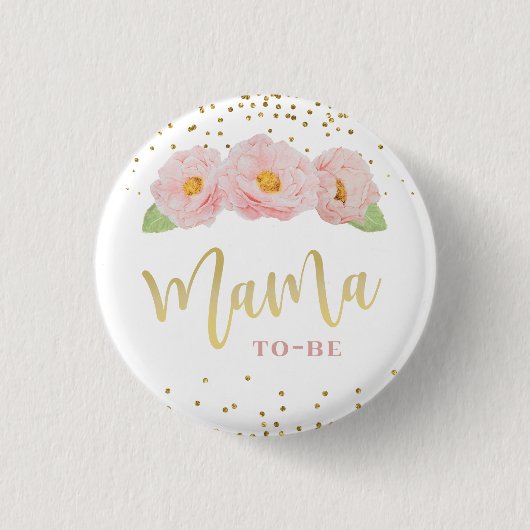 美しいピンクの花 ゴールドアクセント ママになる人へ 缶バッジ (正面)