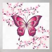 美しいピンクの蝶とさくらんぼの花 ポスター (正面)