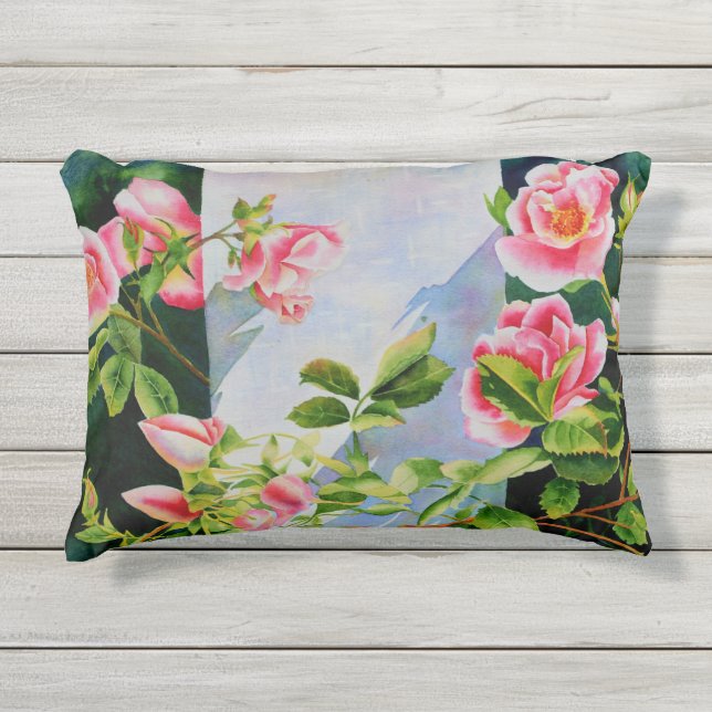 美しいピンクの赤い白いバラの水色のフローラ アウトドアクッション (正面)