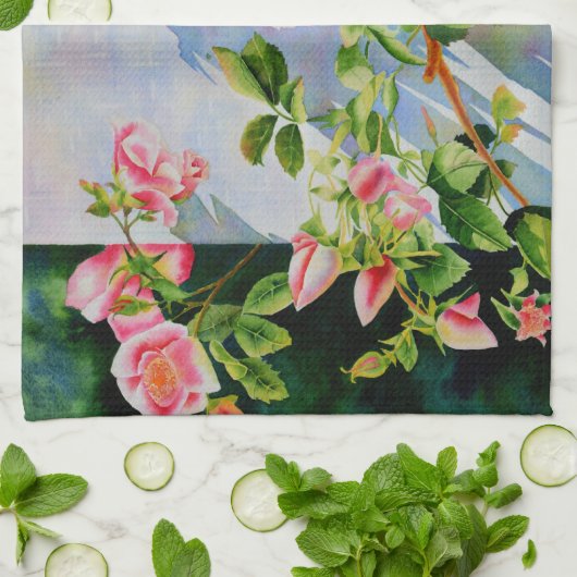 美しいピンクの赤い白いバラの水色のフローラ キッチンタオル (折り畳み)
