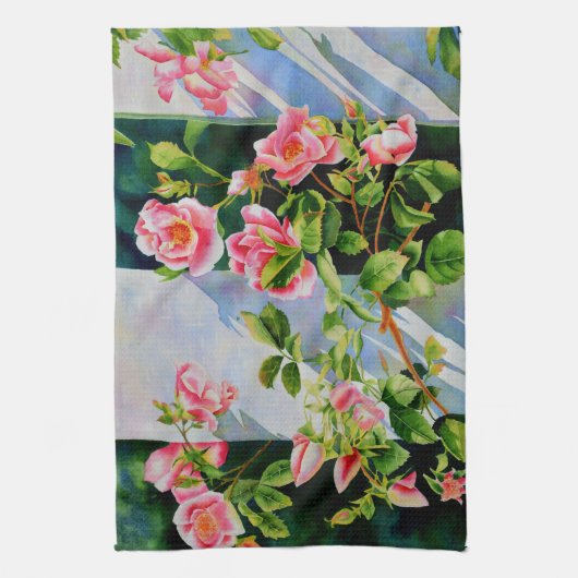 美しいピンクの赤い白いバラの水色のフローラ キッチンタオル (縦)