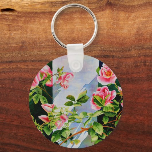 美しいピンクの赤い白いバラの水色のフローラ キーホルダー (正面)