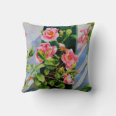 美しいピンクの赤い白いバラの水色のフローラ クッション (裏面)
