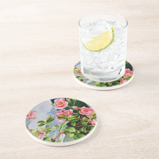 美しいピンクの赤い白いバラの水色のフローラ コースター (側面)