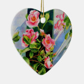 美しいピンクの赤い白いバラの水色のフローラ セラミックオーナメント (右)