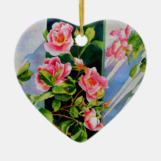 美しいピンクの赤い白いバラの水色のフローラ セラミックオーナメント (正面)