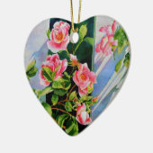 美しいピンクの赤い白いバラの水色のフローラ セラミックオーナメント (左)