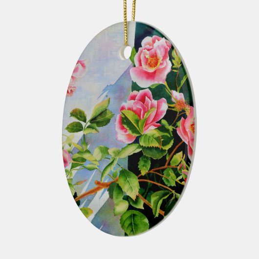 美しいピンクの赤い白いバラの水色のフローラ セラミックオーナメント (左)