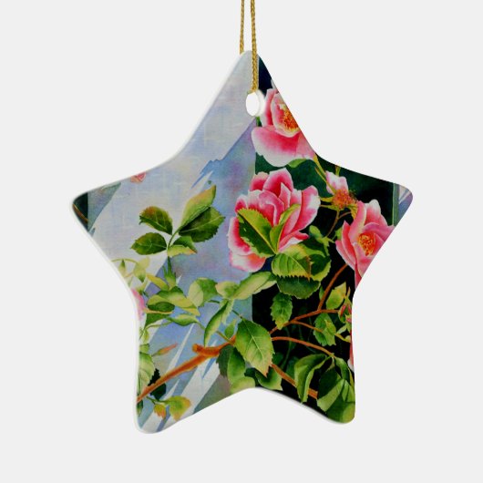 美しいピンクの赤い白いバラの水色のフローラ セラミックオーナメント (右)