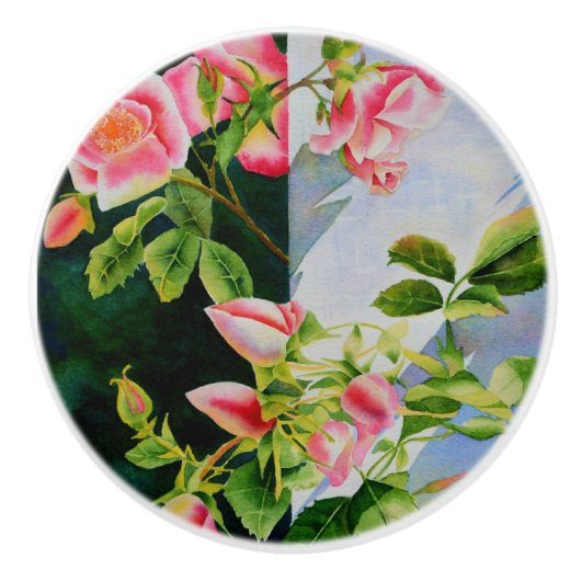 美しいピンクの赤い白いバラの水色のフローラ セラミックノブ (正面)