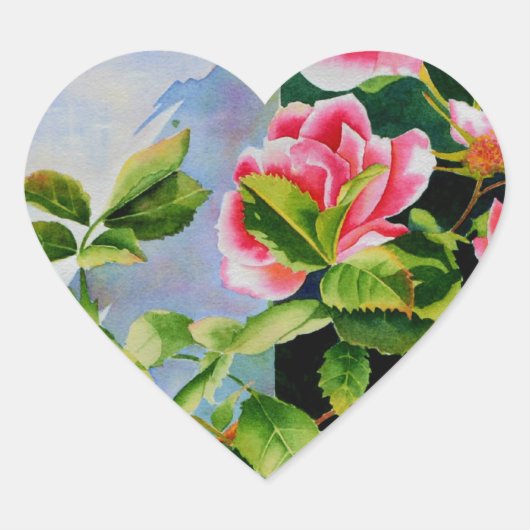 美しいピンクの赤い白いバラの水色のフローラ ハートシール (正面)