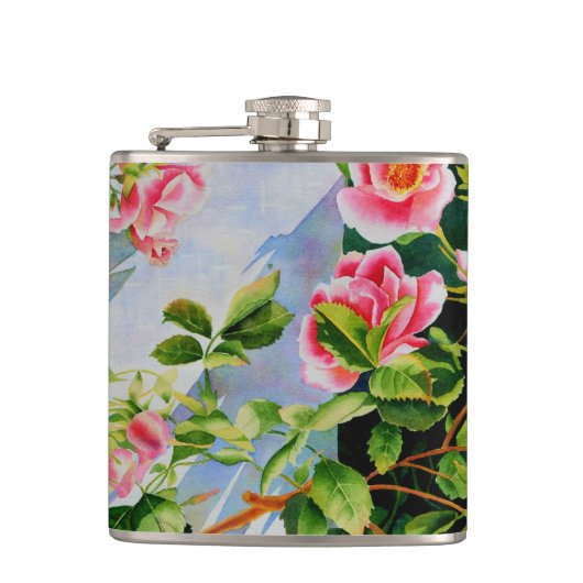 美しいピンクの赤い白いバラの水色のフローラ フラスク (正面)