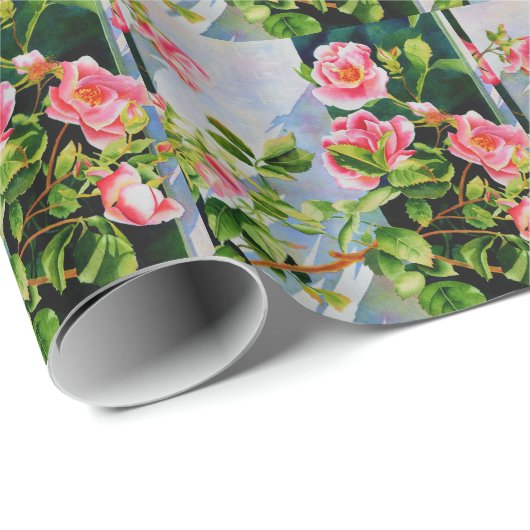 美しいピンクの赤い白いバラの水色のフローラ ラッピングペーパー (ロールコーナー)