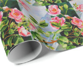 美しいピンクの赤い白いバラの水色のフローラ ラッピングペーパー (ロールコーナー)