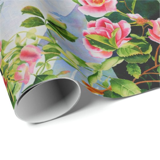 美しいピンクの赤い白いバラの水色のフローラ ラッピングペーパー (ロールコーナー)