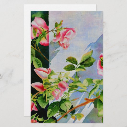 美しいピンクの赤い白いバラの水色のフローラ 便箋 (正面/裏面)