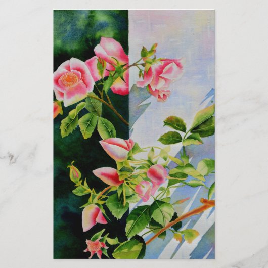 美しいピンクの赤い白いバラの水色のフローラ 便箋 (正面)