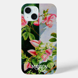 美しいピンクの赤い白いバラの水色のフローラ iPhone 15ケース
