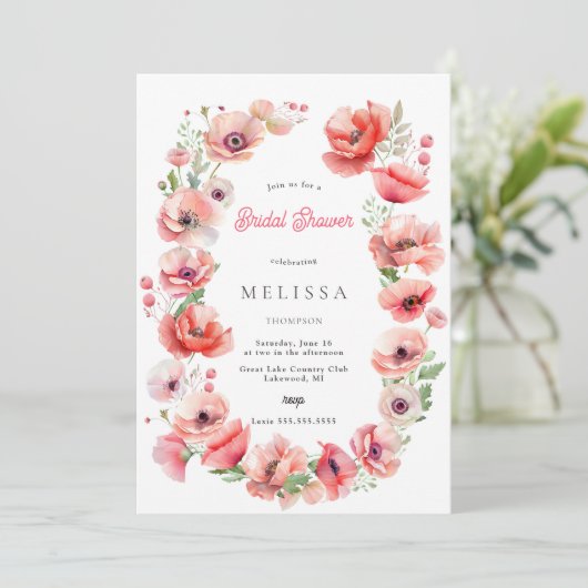 美しいピンクの赤ポピーのブライダルシャワー招待 招待状 (スタンド正面)