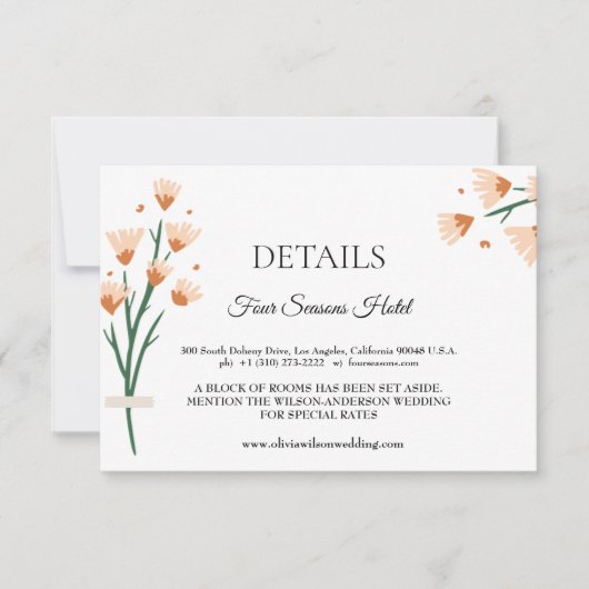 美しいピンクの野結婚花の詳細囲い 出欠カード (正面)