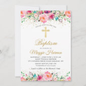 美しいピンクの金ゴールドフローラ女の子バプテスマ写真 招待状 (正面)