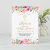 美しいピンクの金ゴールドフローラ女の子バプテスマ写真 招待状 (スタンド正面)