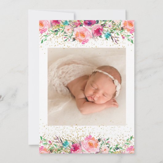 美しいピンクの金ゴールドフローラ女の子バプテスマ写真 招待状 (裏面)